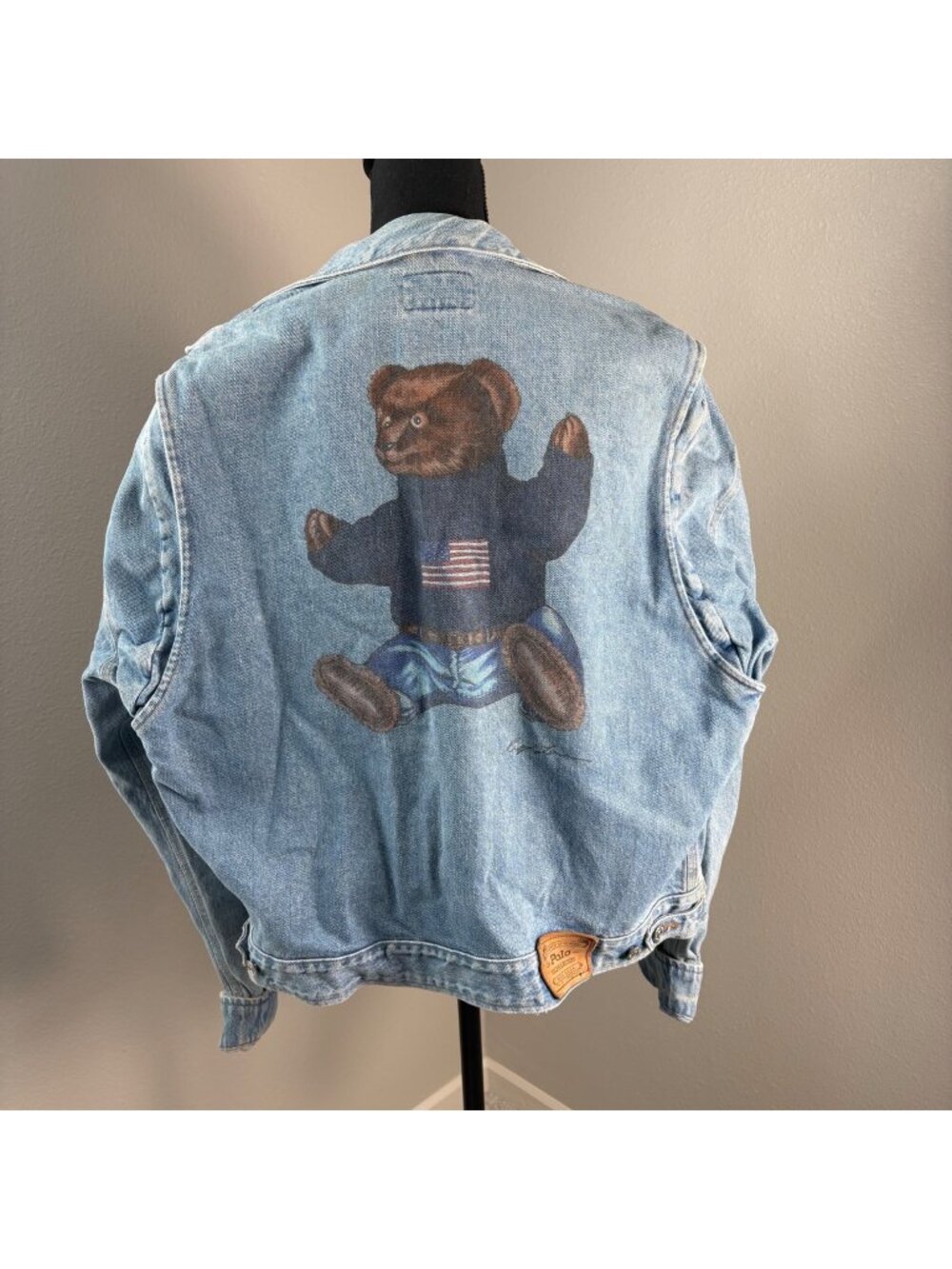 Polo Ralph Lauren Bear Denim Jacket Mens Large USA Vintage Wearing Sweater